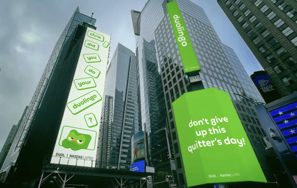 Duolingo Quitter's Day digital out of home ad